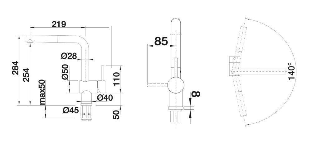 BATERIA KUCHENNA BLANCO Linus-S 527733 zdjęcie techniczne wymiary wylewka wysokość zasięg korpus