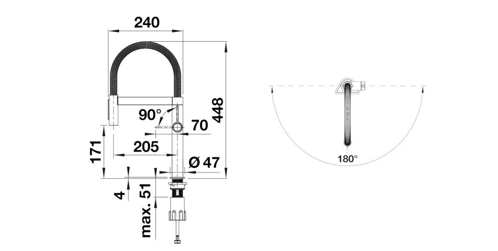 BATERIA KUCHENNA BLANCO Culina-S II Mini Sensor 527466 zdjęcie techniczne wymiary wylewka wysokość zasięg korpus