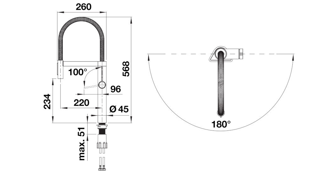 BATERIA KUCHENNA BLANCO Culina-S II 527465 Satynowa ciemna stal zdjęcie techniczne wymiary wylewka wysokość zasięg korpus
