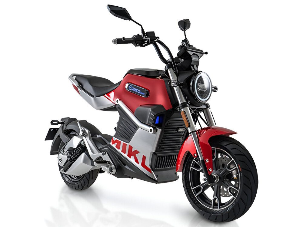 Motocykl elektryczny IML Miku Super Sunra Czerwony hydrauliczne zawieszenie tarczowe hamulce CBS na przedniej i tylnej osi stabilnosc bezpieczenstwo ladownosc do 185 kg