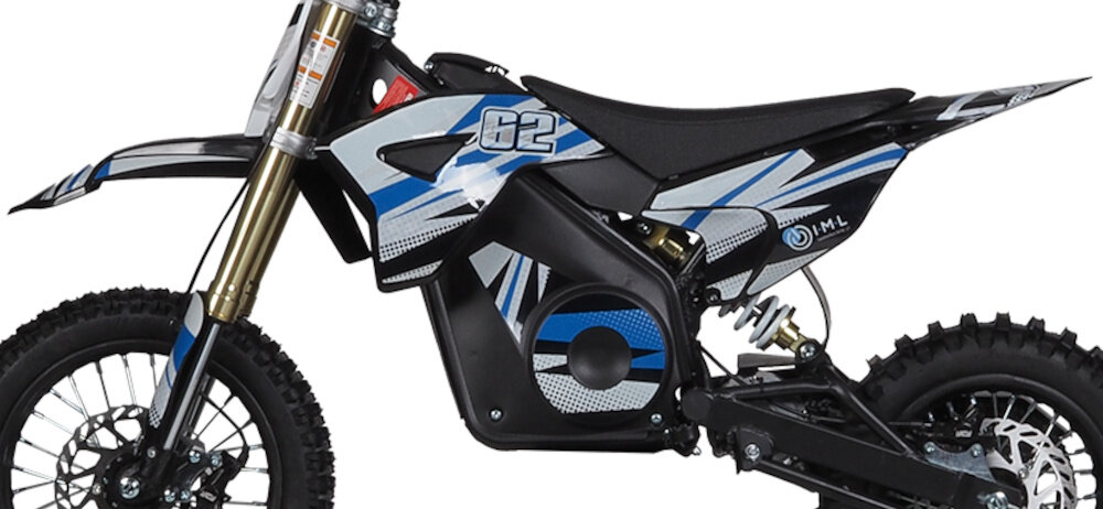 Cross elektryczny IML HP 3E 12-10 Czarno-niebiesko-biały silnik moc 1300 W dynamiczna jazda predkosc do 25 km/h moc frajda bezpieczenstwo