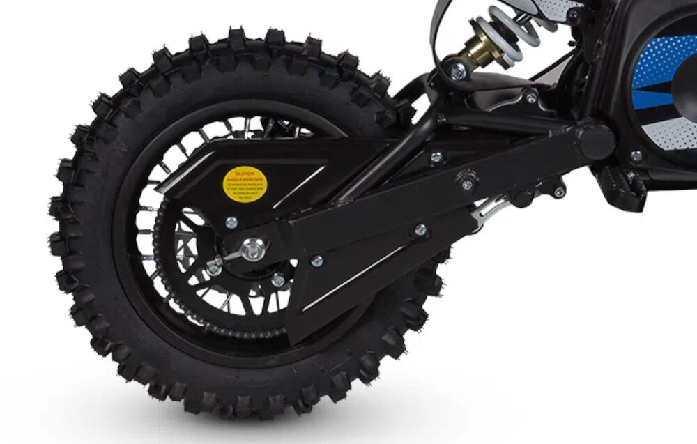 Cross elektryczny IML HP 3E 12-10 Czarno-niebiesko-biały stabilne opony w rozmiarze 12 cali z przodu i 10 cali z tylu terenowe opony gruby bieznik dobra przyczepnosc do podloza stabilnosc kontrola