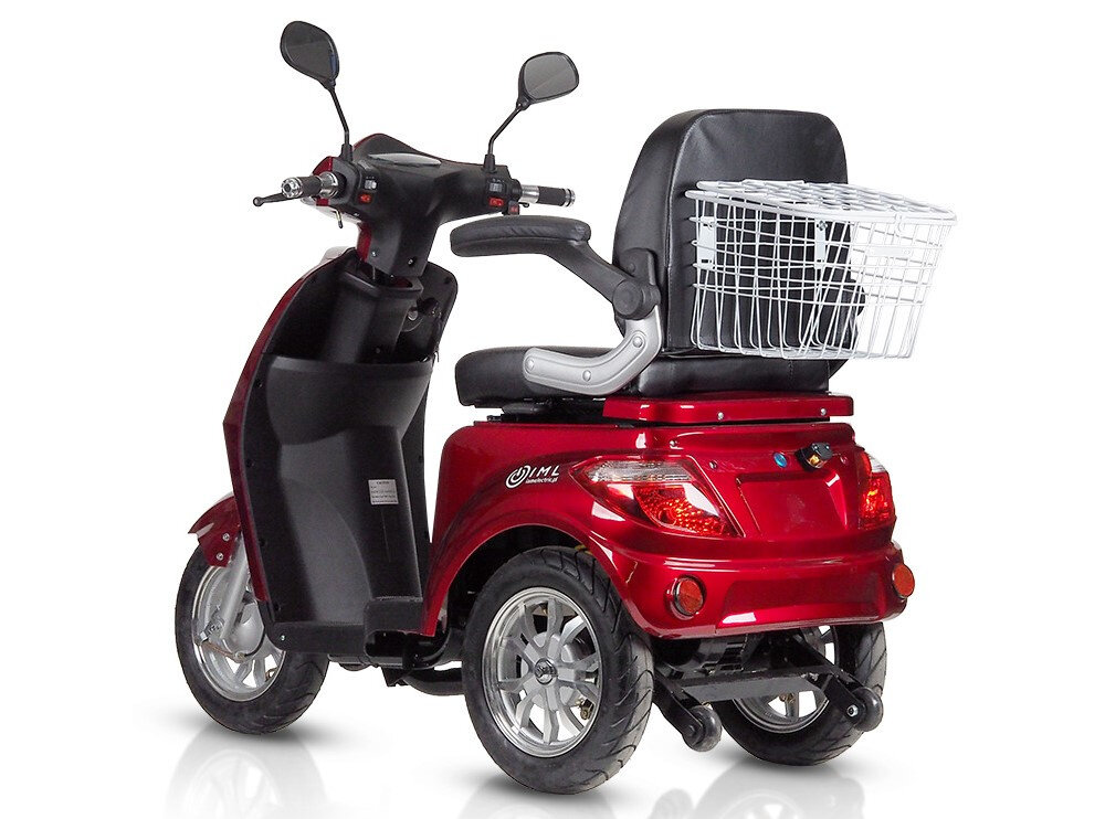 Skuter elektryczny IML Life Czerwony widok na skuter z tylu po skosie homologacja elektryczny silnik moc 1000 W dynamiczna jazda maksymalna predkosc do 25 km/h zasieg do 60 km imponujaca wydajnosc