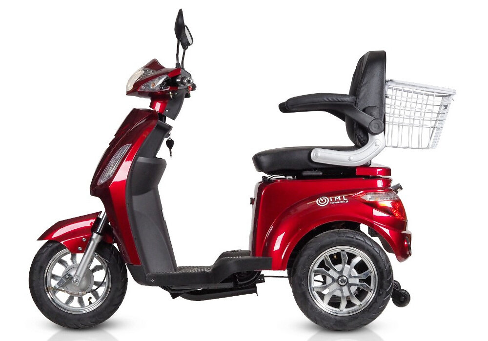 Skuter elektryczny IML Life Czerwony widok na skuter z boku bateria wydajna litowo-jonowa pojemnosc 60 V 20 Ah czas ladownia 6-8 godzin zywotnosc do 500 cykli mozliwosc przejechania do 30000 km
