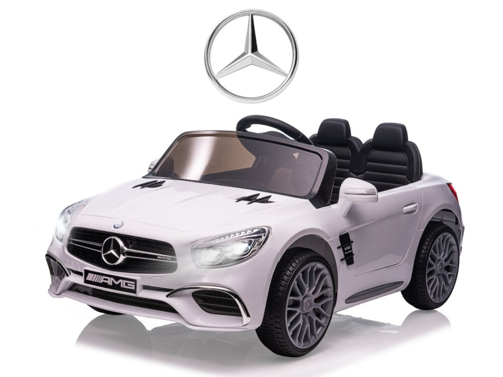 Samochód dla dziecka MILLY MALLY Mercedes-Benz SL65 AMG Biały samochód na białym tle widoczny od przodu pod skosem na górze zdjęcia logo Mercedesa radość aktywność rozwój wyobraźnia
