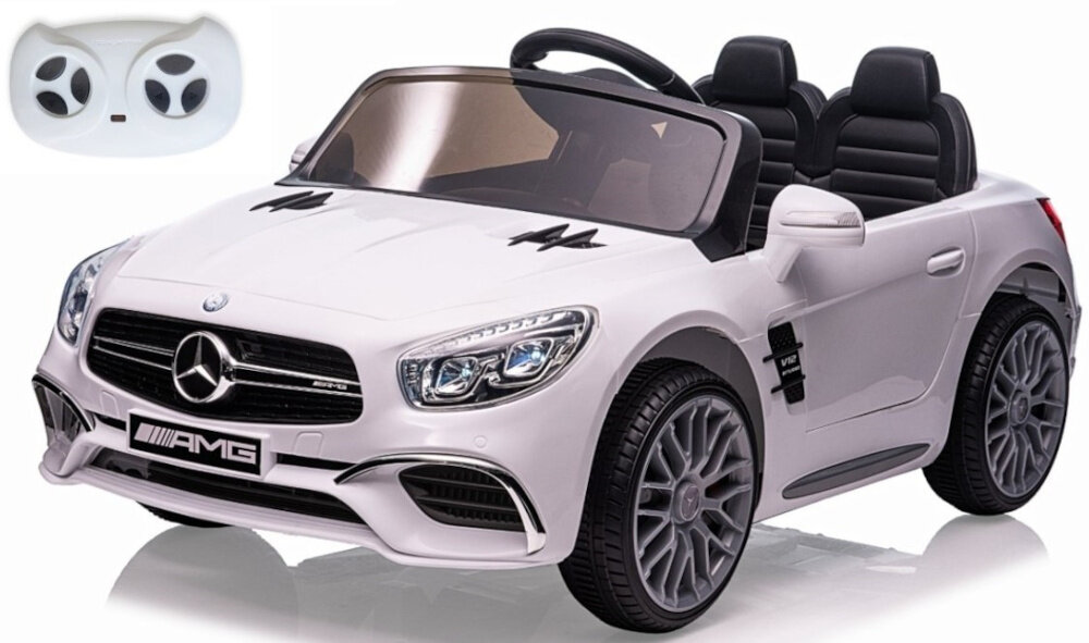 Samochód dla dziecka MILLY MALLY Mercedes-Benz SL65 AMG Biały samochód na białym tle widoczny od przodu pod skosem obok biały pilot pilot 2,4G sterowanie kierunkiem jazdy i prędkością pełne bezpieczeństwo od 18. miesiąca życia zasilanie dwie baterie typu AAA 3 biegi do przodu 1 bieg wsteczny rodzic ma pełną kontrolę nad tempem i kierunkiem jazdy