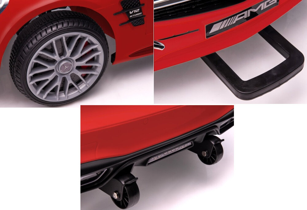 Samochód dla dziecka MILLY MALLY Mercedes-Benz SL65 AMG Czerwony kolaż zdjęć zbliżenie na koło uchwyt do przenoszenia i kółka metalowe osie kół koła o średnicy 21,5 trwałość i stabilność pojazdu amortyzatory sprężynowe redukują odczuwalne drgania praktyczne kółka transportowe uchwyt