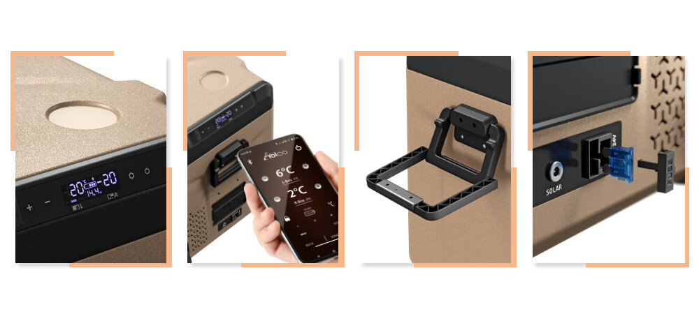 Lodówka kompresorowa YOLCO TCX50 Sand panel sterowania ekran LED Bluetooth 5.0 aplikacja mobilna Ergonomiczne uchwyty wewnętrzne kosze oświetlenie komfort użytkowanie zabezpieczenie ochrona
