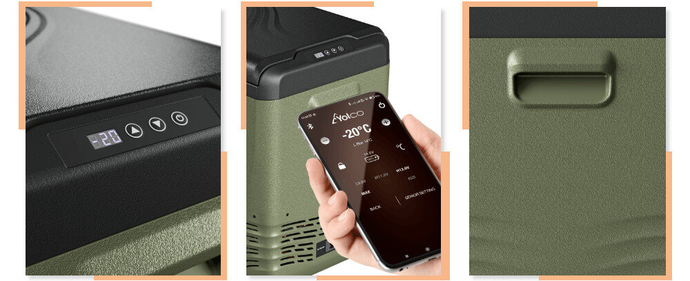 Lodówka kompresorowa YOLCO NX50 Zielony Czytelny ekran LED precyzja regulacja temperatura technologia Bluetooth 5.0 aplikacja mobilna system Android iOS wygoda uchwyty przenoszenie wewnętrzny kosz organizacja przechowywanie