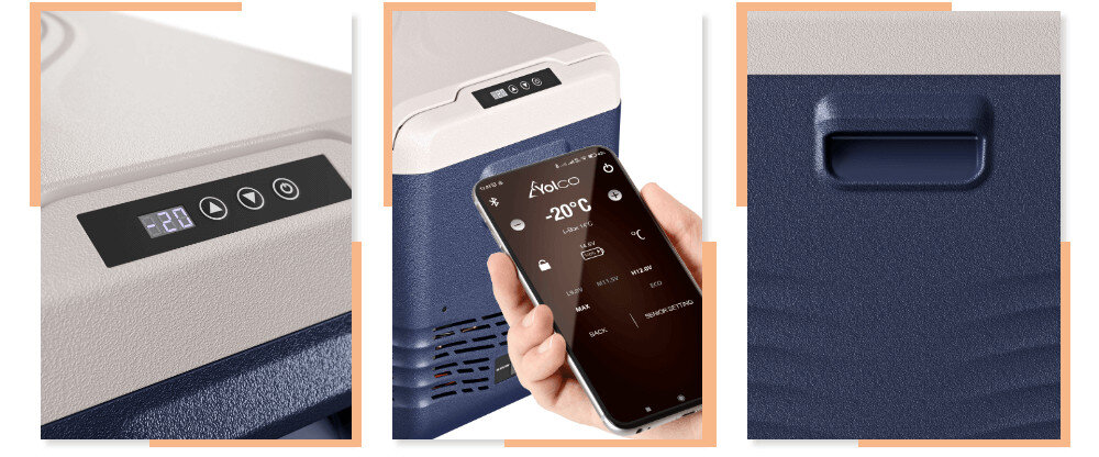 Lodówka kompresorowa YOLCO NX40 Niebieski Czytelny ekran LED precyzja regulacja temperatura technologia Bluetooth 5.0 aplikacja mobilna system Android iOS wygoda uchwyty przenoszenie wewnętrzny kosz organizacja przechowywanie