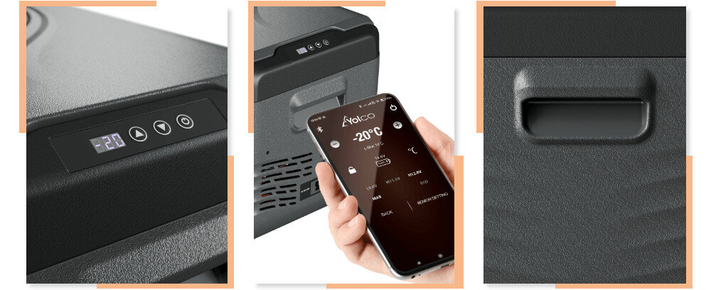 Lodówka kompresorowa YOLCO NX30 Carbon panel sterowania wygoda użytkowanie LED obsługa nadajnik Bluetooth 5.0 Wewnętrzny kosz ułatwienie organizacja aplikacja mobilna Android iOS