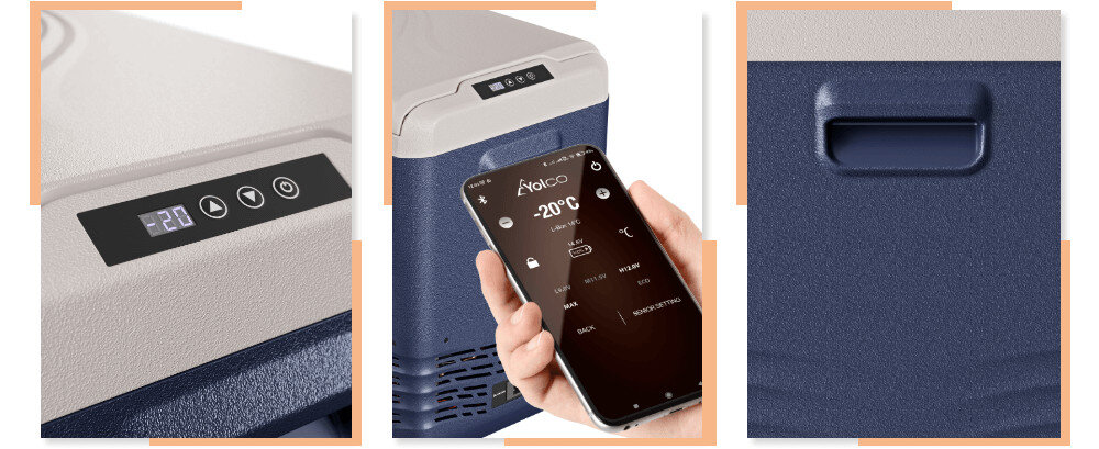 Lodówka kompresorowa YOLCO NX50 Niebieski Czytelny ekran LED precyzja regulacja temperatura technologia Bluetooth 5.0 aplikacja mobilna system Android iOS wygoda uchwyty przenoszenie wewnętrzny kosz organizacja przechowywanie
