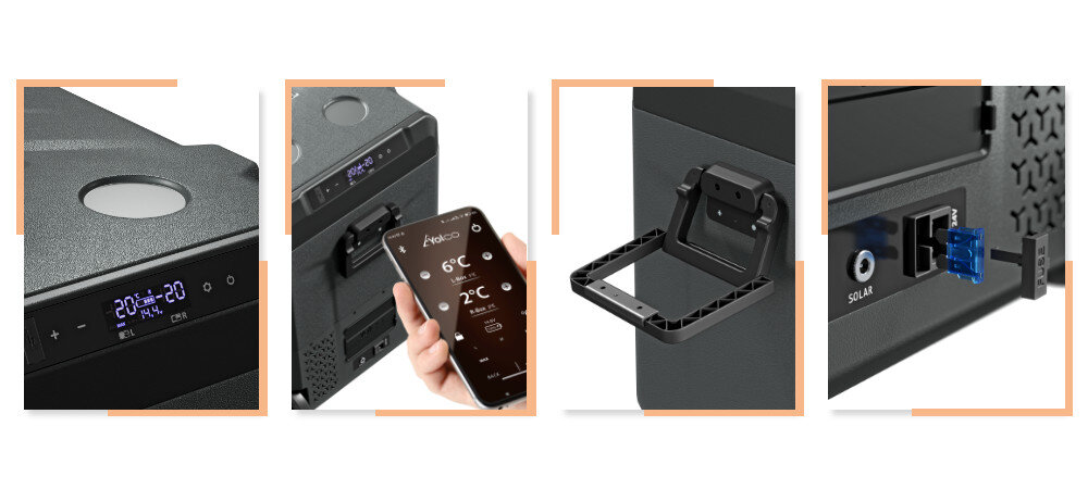 Lodówka kompresorowa YOLCO TCX60 Carbon panel sterowania ekran LED Bluetooth 5.0 aplikacja mobilna Ergonomiczne uchwyty wewnętrzne kosze oświetlenie komfort użytkowanie zabezpieczenie ochrona