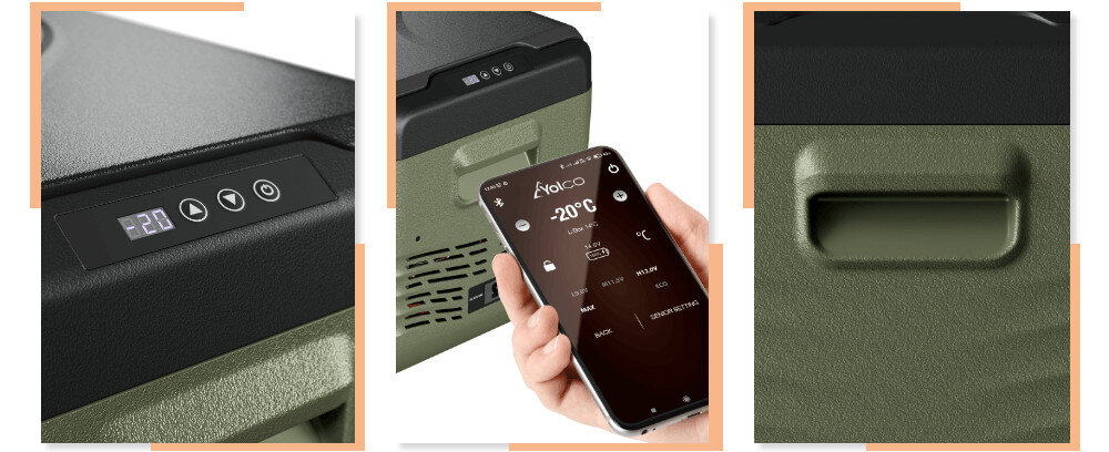 Lodówka kompresorowa YOLCO NX30 Zielony panel sterowania wygoda użytkowanie LED obsługa nadajnik Bluetooth 5.0 Wewnętrzny kosz ułatwienie organizacja aplikacja mobilna Android iOS