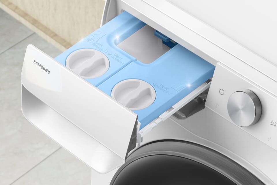 pralka ww90dg6u85leu4 posiada specjalny system przepłukiwania szuflady na deterfenty