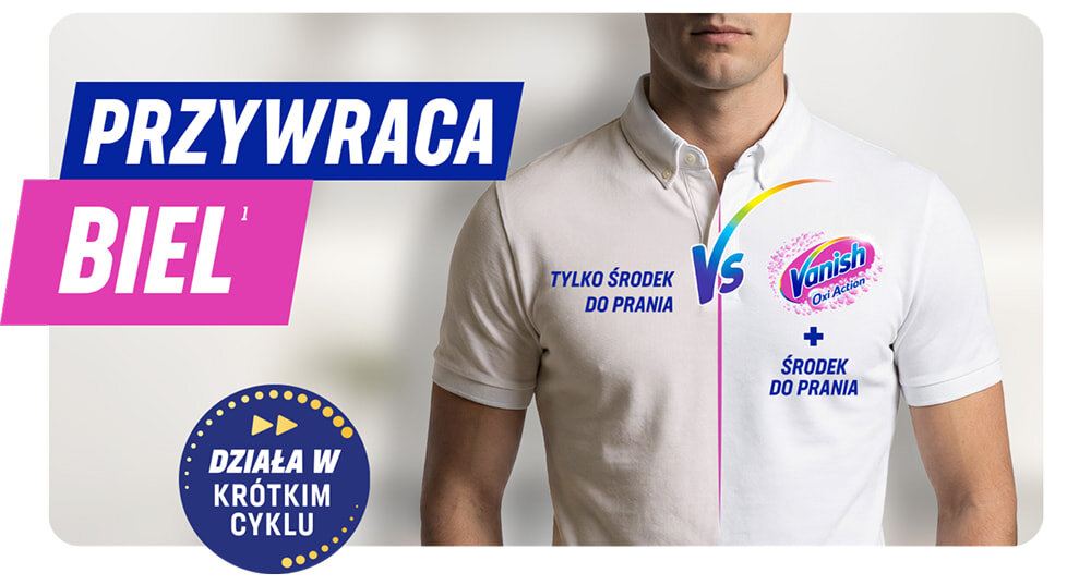 Odplamiacz do prania VANISH Oxi Action 0.97 kg, biel, ochrona, pranie, efekt, Porównanie szarej i białej koszulki polo.