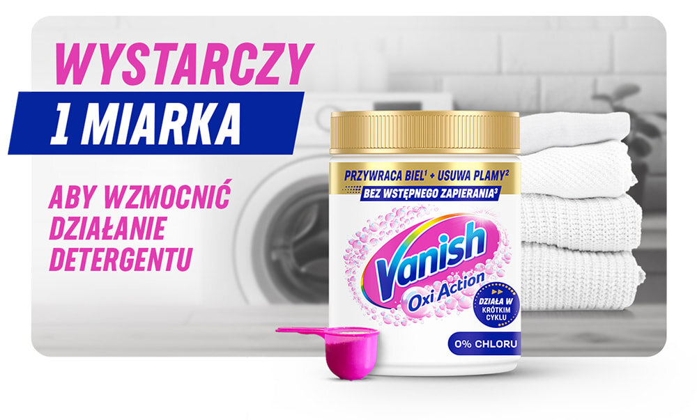 Odplamiacz do prania VANISH Oxi Action 0.97 kg, tkaniny, bezpieczeństwo, ochrona, delikatność, Miarka z proszkiem obok białych tkanin.