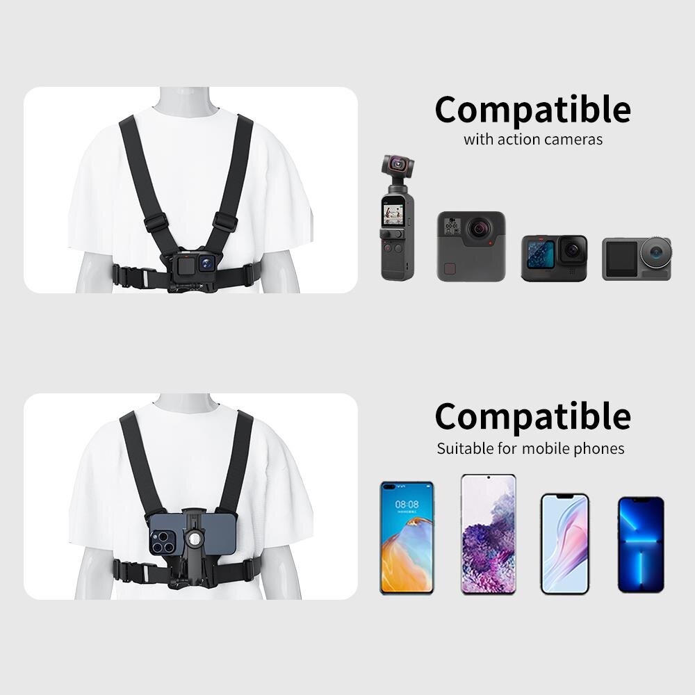 Obraz przedstawia manekina ubranego w czarne szelki z zamocowanym urządzeniem, obok widoczne są ikony kamer sportowych i telefonów. Tekst na obrazie: \'Compatible with action cameras\' oraz \'Compatible Suitable for mobile phones\'.