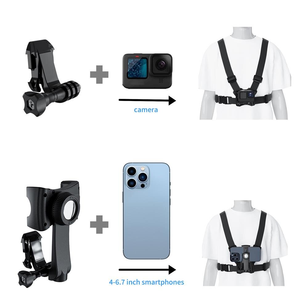 Obraz przedstawia dwa zestawy mocowań do kamer i smartfonów na manekinie w białej koszulce. Widoczne są uchwyty do kamery i smartfona oraz tekst: \'camera\' i \'4-6.7 inch smartphones\'.