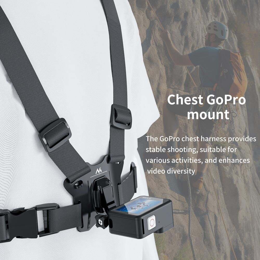 Na obrazie widoczne są czarne szelki z zamocowaną kamerą na klatce piersiowej osoby. Obok znajduje się tekst: \'Chest GoPro mount The GoPro chest harness provides stable shooting, suitable for various activities, and enhances video diversity\'.