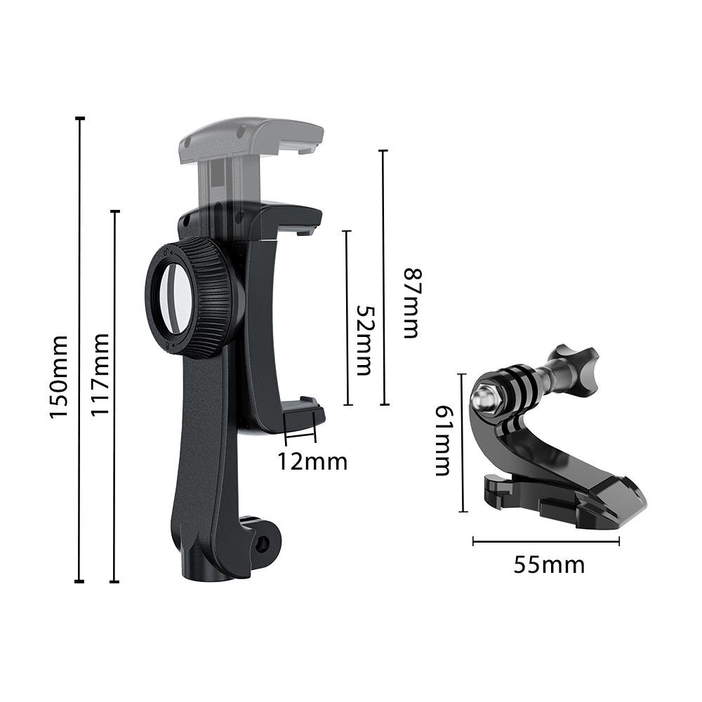 Obraz przedstawia czarny uchwyt z obrotowym mechanizmem, z widocznymi wymiarami: 150mm, 117mm, 12mm, 87mm, 52mm, 61mm i 55mm. Uchwyt jest przeznaczony do telefonów, aparatów i kamer GoPro.