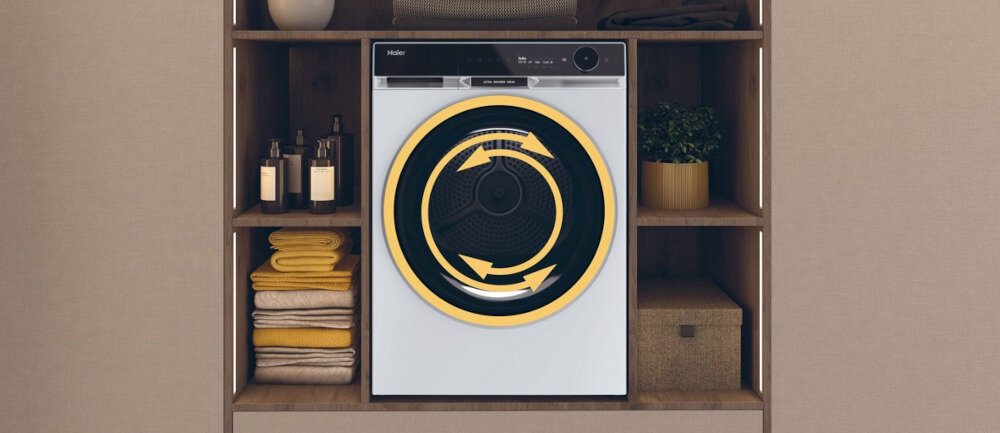 Suszarka HAIER HD90-A3Q397U1-S system Ultra Reverse Drum zmienny kierunek bębna ruchy mniej zagnieceń