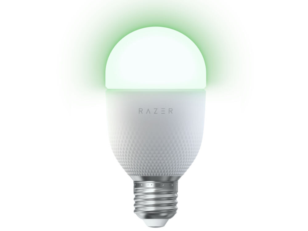 Żarówka RAZER Aether Smart Bulb E27 Regulacja jasności, Wi-Fi prezentacja żarówki z włączonym zielonym światłem na białym tle obsługa standardu Matter połączenie z ekosystemami smart home sterowanie oświetleniem z poziomu aplikacji automatyzacja