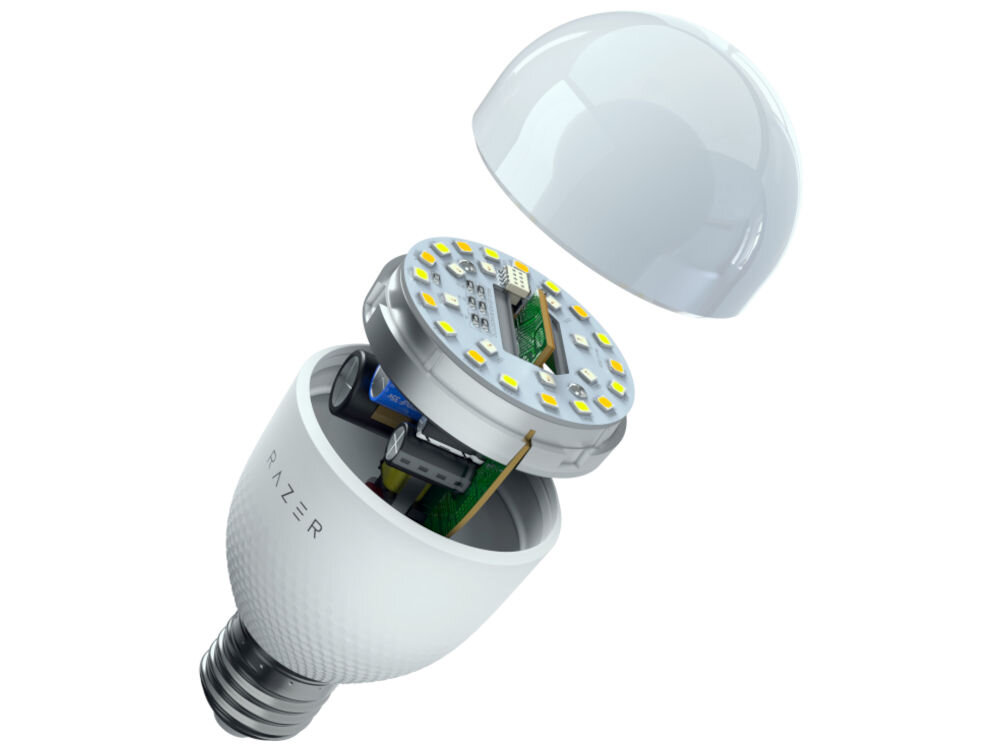 Żarówka RAZER Aether Smart Bulb E27 Regulacja jasności, Wi-Fi prezentacja wnętrza żarówki na białym tle sterowanie za pomocą Google Assistant Amazon Alexa