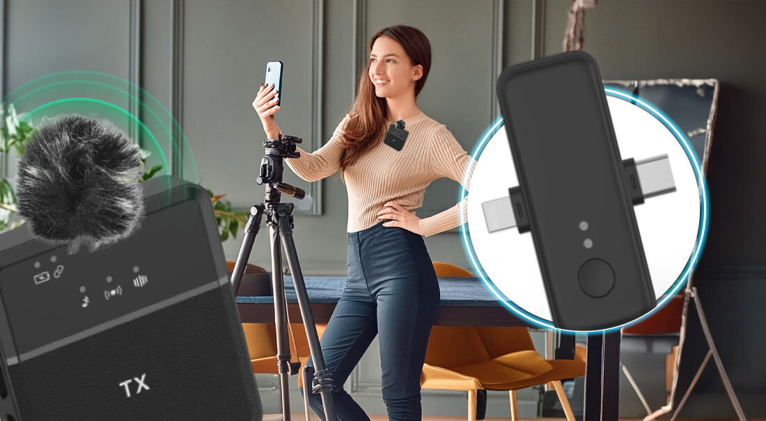 Mikrofon do smartfona MUSICMATE EchoTint MM-120 bezprzewodowy wygodne nagrywanie pasmo przenoszenia 20Hz-20Khz zasięg do 30 metrów