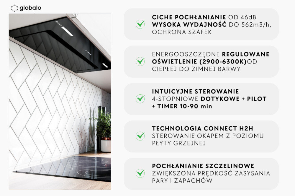 Obraz przedstawia okap kuchenny zamontowany w suficie nad płytą grzewczą, z białymi kafelkami w tle. Po prawej stronie widoczna jest lista cech produktu, takich jak ciche pochłanianie od 46dB, regulowane oświetlenie (2900-6300K), intuicyjne sterowanie, technologia Connect H2H oraz pochłanianie szczelinowe.