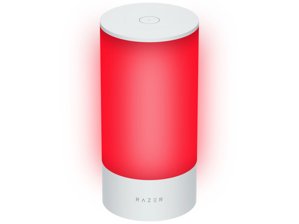 Lampa RAZER Aether Smart Lamp Regulacja jasności, Wi-Fi, Bluetooth prezentacja lampy podświetlonej na czerwono na białym tle inteligentna lampa funkcjonalność z wyrazistym stylem przyjemne światło komfortowe warunki możliwość personalizacji wyrażenie charakteru