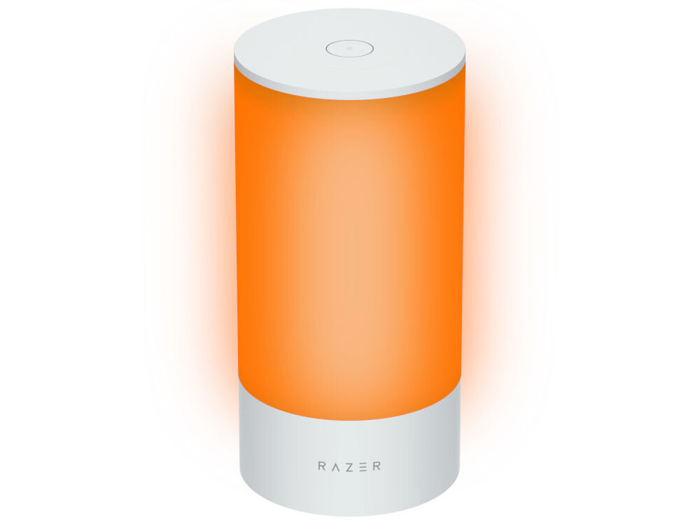 Lampa RAZER Aether Smart Lamp Regulacja jasności, Wi-Fi, Bluetooth prezentacja lampy podświetlonej na pomarańczowo na białym tle technologia Razer Chroma™ RGB wyjątkowy klimat paleta 16,8 miliona kolorów szeroki wybór efektów świetlnych subtelne podkreślenie nastroju dynamiczna reakcja poczucie immersji