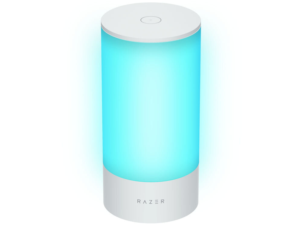 Lampa RAZER Aether Smart Lamp Regulacja jasności, Wi-Fi, Bluetooth prezentacja lampy podświetlonej na morski kolor na białym tle obsługa standardu Matter połączenie z ekosystemami smart home sterowanie oświetleniem z poziomu aplikacji automatyzacja