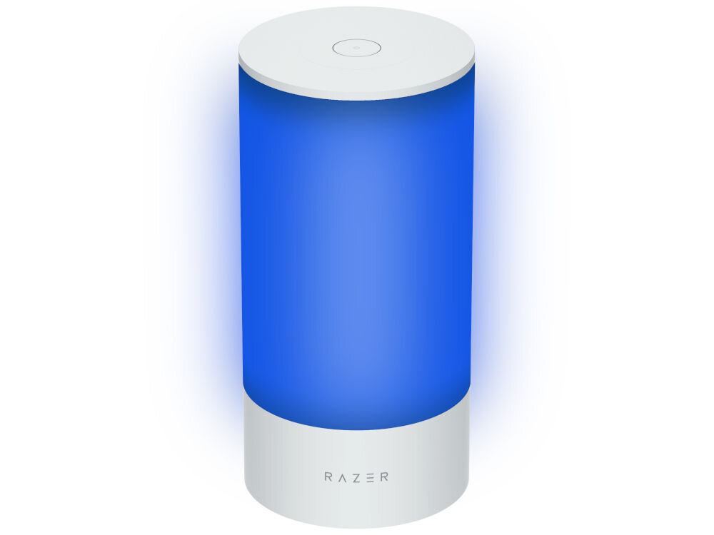 Lampa RAZER Aether Smart Lamp Regulacja jasności, Wi-Fi, Bluetooth prezentacja lampy podświetlonej na niebiesko na białym tle aplikacja Razer Smart Home zarządzanie inteligentnymi urządzeniami dostosowanie ustawień tworzenie harmonogramów automatyzacja jeden ekosystem