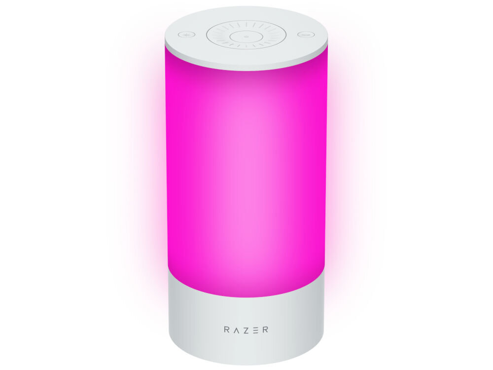 Lampa RAZER Aether Smart Lamp Pro Regulacja jasności, Wi-Fi, Bluetooth prezentacja lampy podświetlonej na różowo na białym tle aplikacja Razer Smart Home sterowanie oświetleniem i innymi urządzeniami z jednego miejsca automatyzacja ułatwia zarządzanie domem zintegrowane środowisko smart home