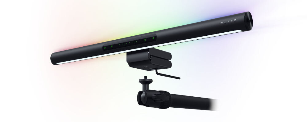 Lampka na monitor RAZER Aether Monitor Light Bar 10 W, Regulacja jasności, Wi-Fi prezentacja lampy i jej mocowania sterowanie za pomocą Google Assistant Amazon Alexa