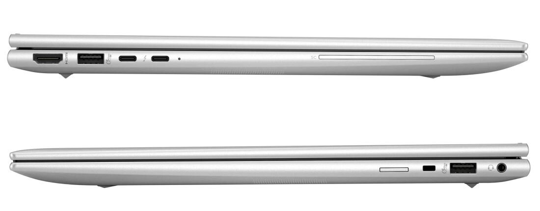 Laptop HP EliteBook 860 - Dwa laptopy HP EliteBook 860 umieszczone obok siebie, ukazujące ich złącza.