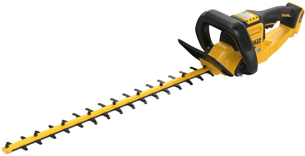 Nożyce do żywopłotu DEWALT DCMHT573N-XJ 650mm 54V akumulatorowe nożyce na białym tle widoczne od przodu pod skosem do regularnego przycinania krzewów żywopłotów formowania zielonych ścian w ogrodzie estetyczny wygląd roślin zasilanie akumulatorowe swobodne poruszanie się