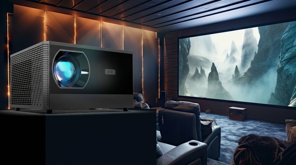 ART X8PRO projektor Full HD 1080p kino domowe, projektor stojący na podwyższeniu w pomieszczeniu