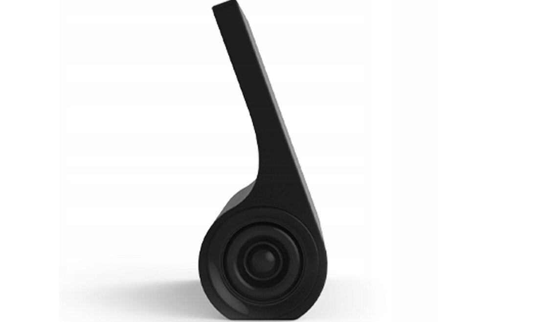 Obraz przedstawia czarny, nowoczesny przedmiot o cylindrycznym kształcie z widocznym okrągłym elementem na jednym końcu. Przedmiot ma gładką powierzchnię i wygląda na wykonany z tworzywa sztucznego.