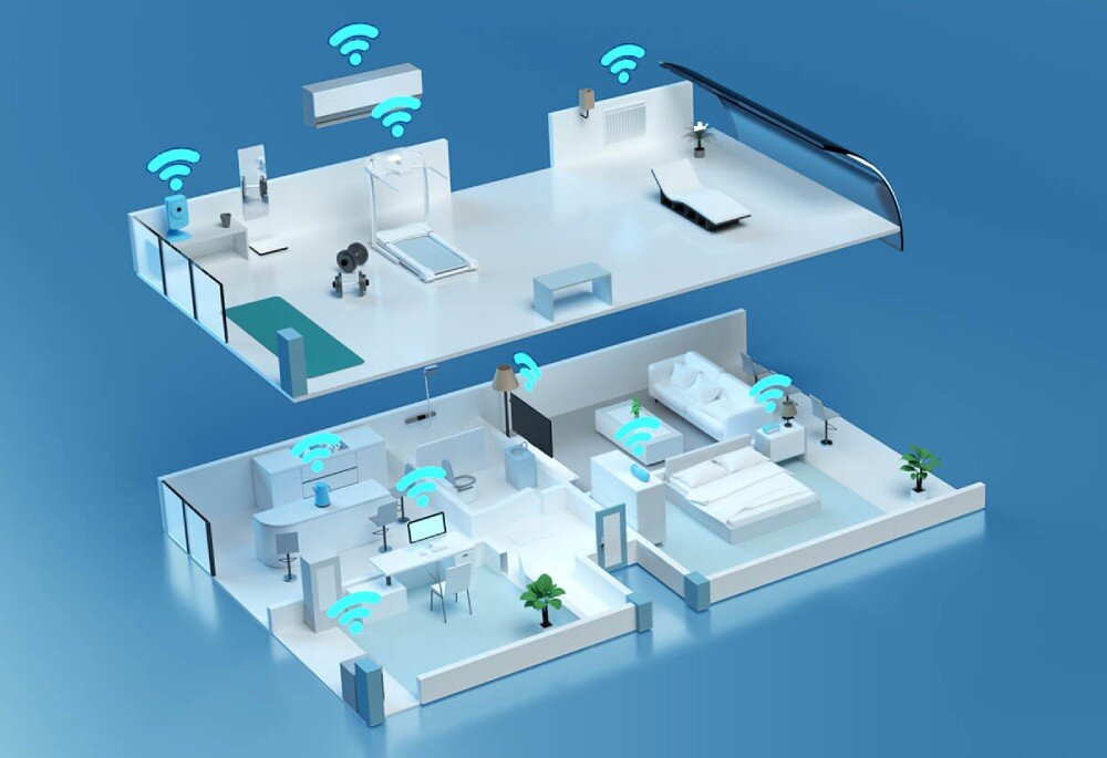 Router TP-LINK Archer AXE75 Schemat dwupoziomowego mieszkania z wieloma pomieszczeniami. W każdym pokoju znajdują się urządzenia oznaczone symbolami sygnału Wi-Fi, które wskazują zasięg bezprzewodowej sieci w całym domu, anteny, kształtowanie wiązki, sieć OneMesh