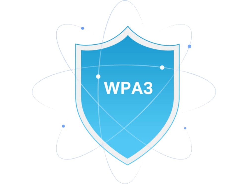 Router TP-LINK Archer AXE75 Grafika przedstawiająca niebieską tarczę ochronną z napisem „WPA3”, zabezpieczenia, szyfrowanie WPA3, funkcje