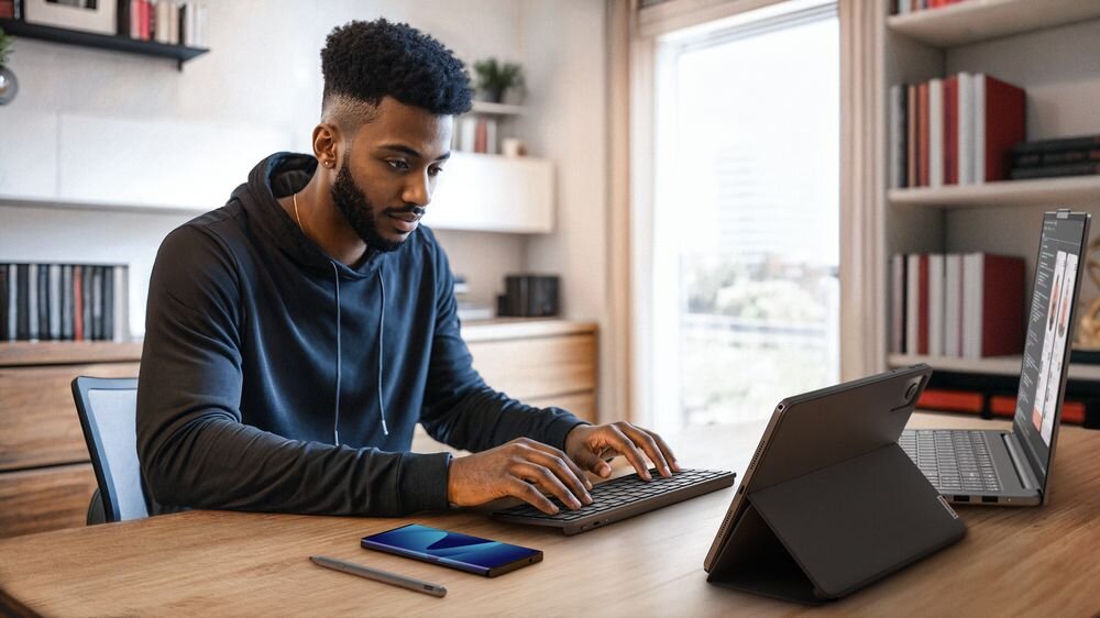 Osoba siedzi przy biurku, używając klawiatury przed tabletem ustawionym na stojaku. Na biurku znajduje się również smartfon i rysik.