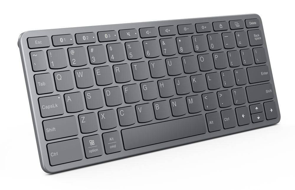 Na obrazie widoczna jest czarna klawiatura z układem QWERTY, posiadająca klawisze funkcyjne oraz numeryczne. Klawiatura ma kompaktowy design i zaokrąglone rogi.