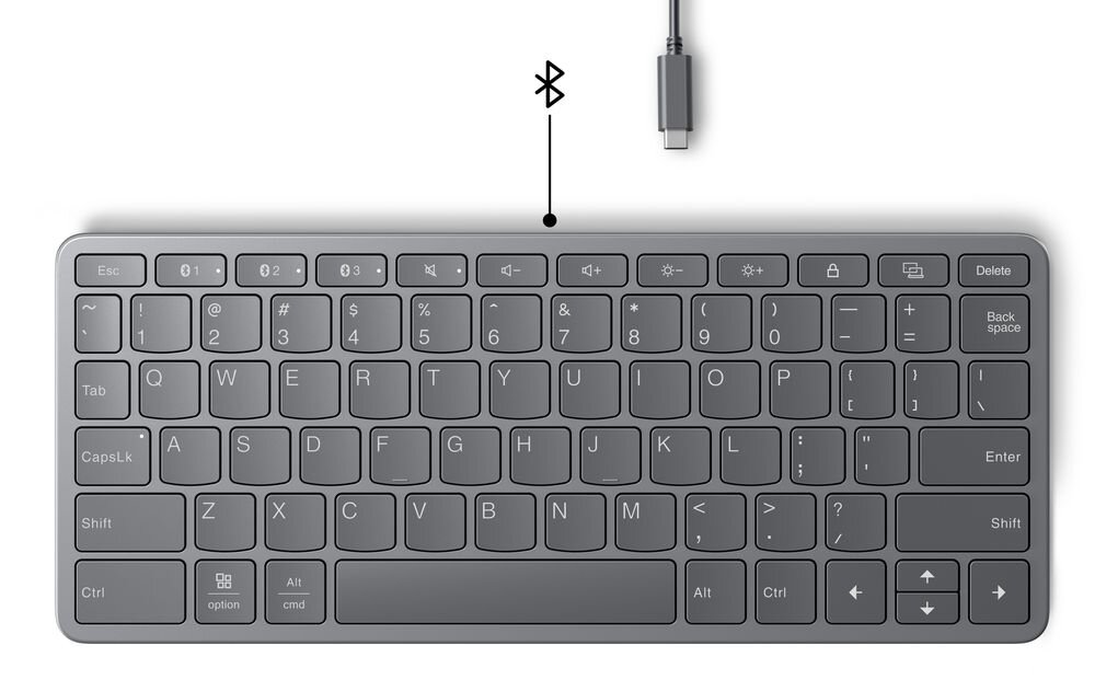 Na obrazie widoczna jest szara klawiatura z układem QWERTY, posiadająca klawisze funkcyjne i numeryczne. Nad klawiaturą znajduje się symbol Bluetooth oraz kabel z końcówką USB-C.