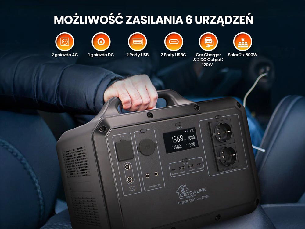 Stacja zasilania EXTRALINK Power Ranger EPS-S2000F 2240 Wh LiFePO4 opcje ladowania za pomoca gniazda AC paneli fotowoltaicznych EXTRALINK EPS-120W EXTRALINK EPS-200 gniazdo zapalniczki samochodowej