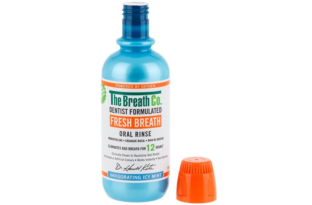 Płyn do płukania jamy ustnej THE BREATH CO Mroźna Mięta 500 ML zalety uzywania płynu, zwalcza nieświeży oddech, łagodzi suchość w ustach, bez uczucia pieczenia