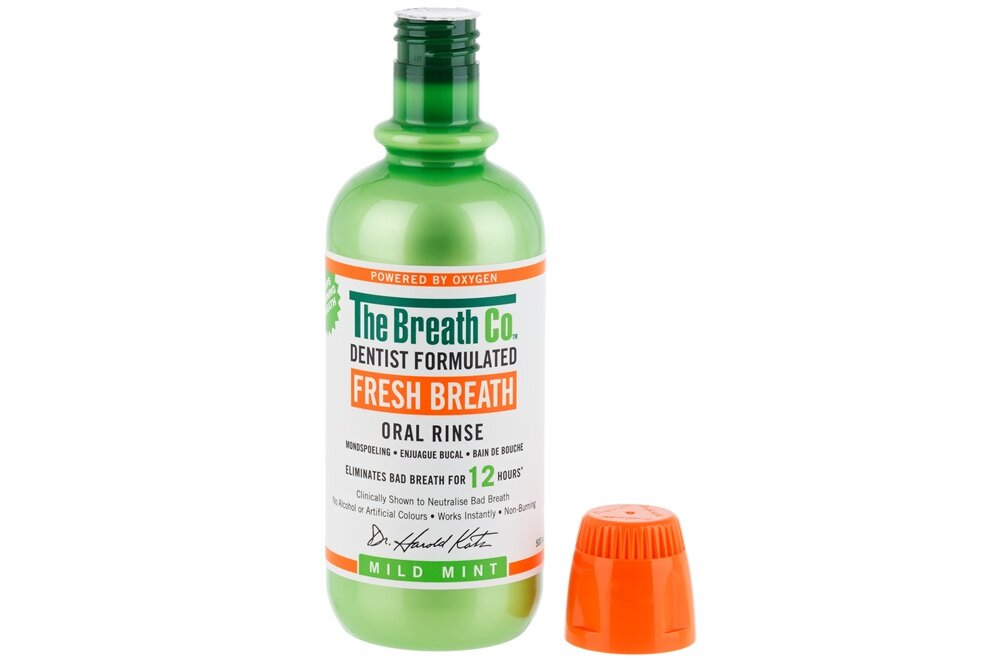 Płyn do płukania jamy ustnej THE BREATH CO Łagodna Mięta 500 ML zalety uzywania płynu, zwalcza nieświeży oddech, łagodzi suchość w ustach, bez uczucia pieczenia