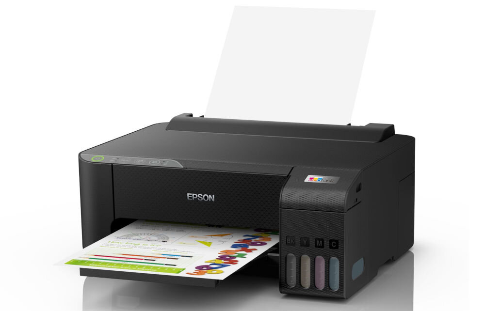 Drukarka EPSON EcoTank L1270 Wi-Fi prezentacja drukarki na białym tle od przodu pod kątem z wydrukowaną kartką System EcoTank bez kartridży z pojemnikami na atrament wygoda oszczędność