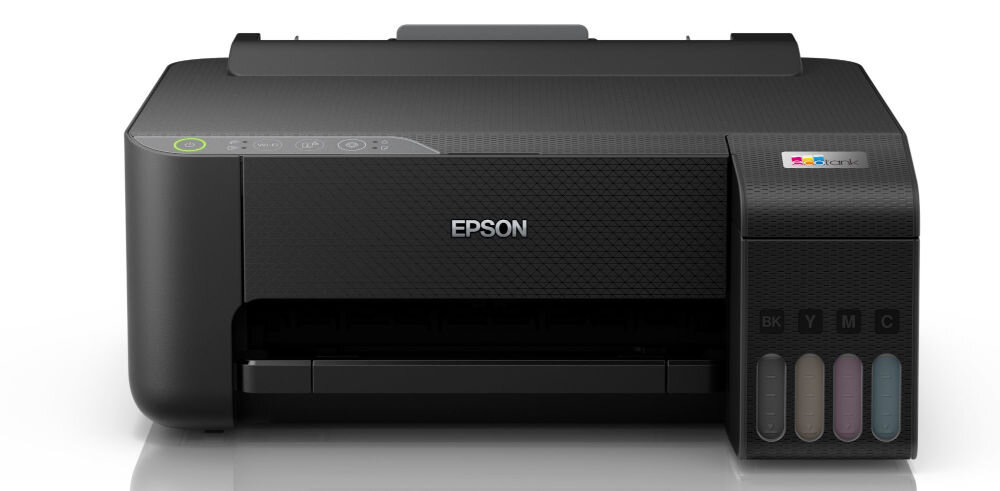 Drukarka EPSON EcoTank L1270 Wi-Fi prezentacja drukarki od przodu na białym tle Widoczny poziom atramentu na froncie urządzenia kontrola ciągłość pracy